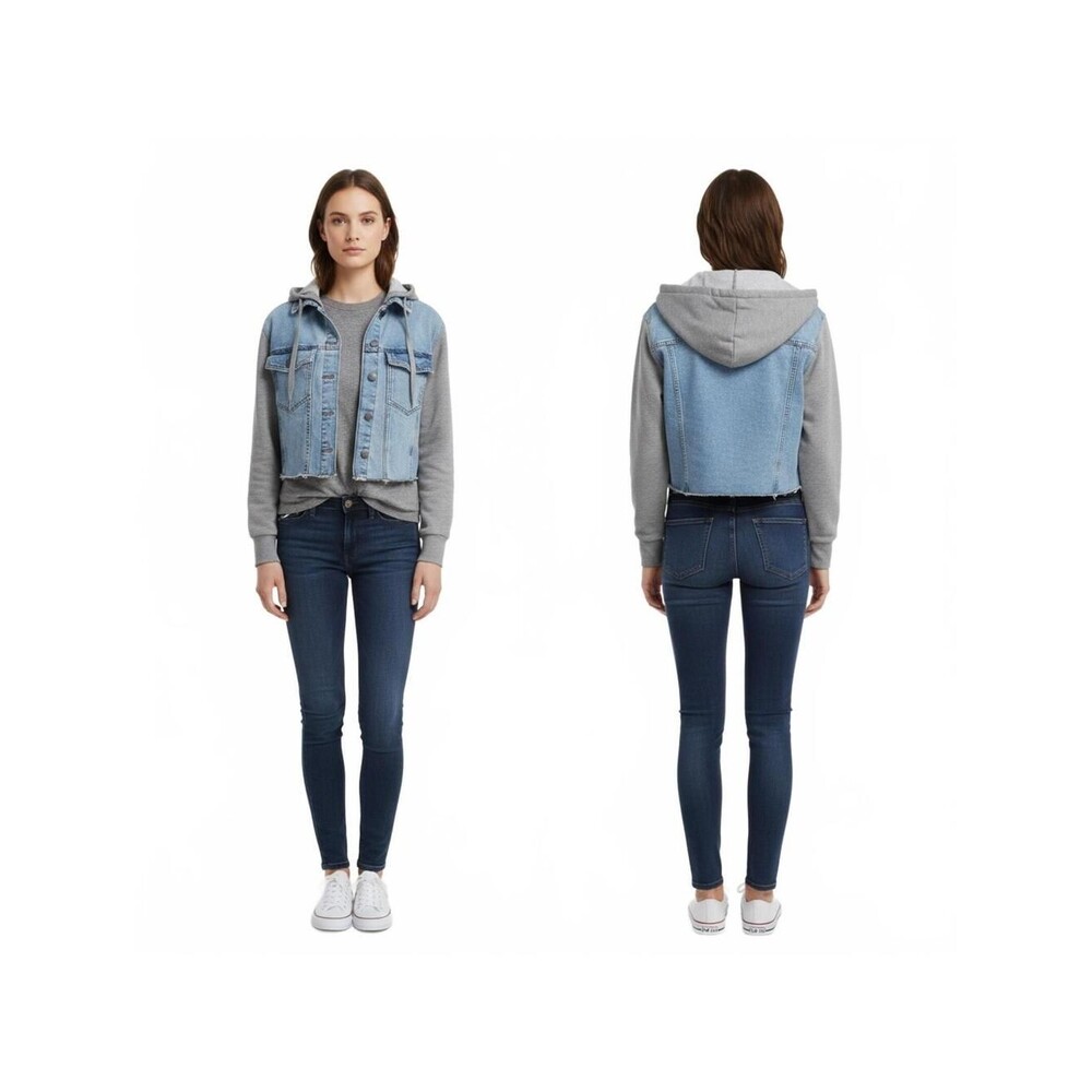 Treasure & Bond Denim Jacket Hoodie Raw Hem Jean Jacket Casual Blue